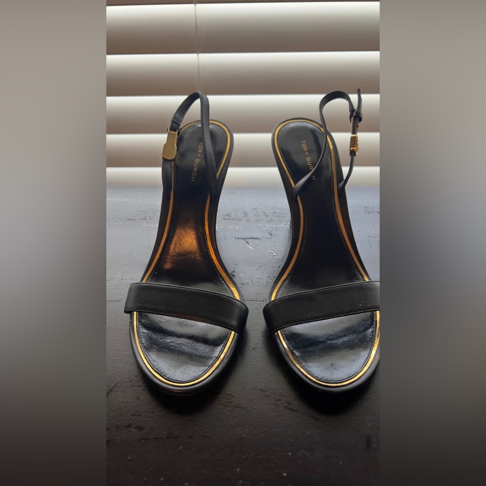 Tory Burch Black Leather Gold-Trim Slingback Heels